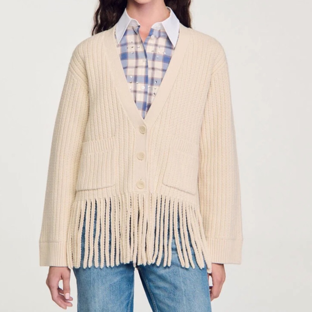 NWT Sandro Fringed Knit Cardigan in Cream